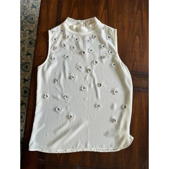 Anthropologie Vanessa Virginia Sheer Ivory Daisy Appliqué Blouse Shirt S - Picture 2 of 9